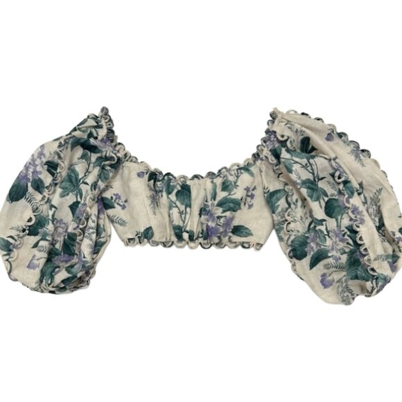 Zimmermann Floral Linen Loop Trim Puff Sleeve Crop Top 0 XS Designer Luxury - Picture 4 of 16